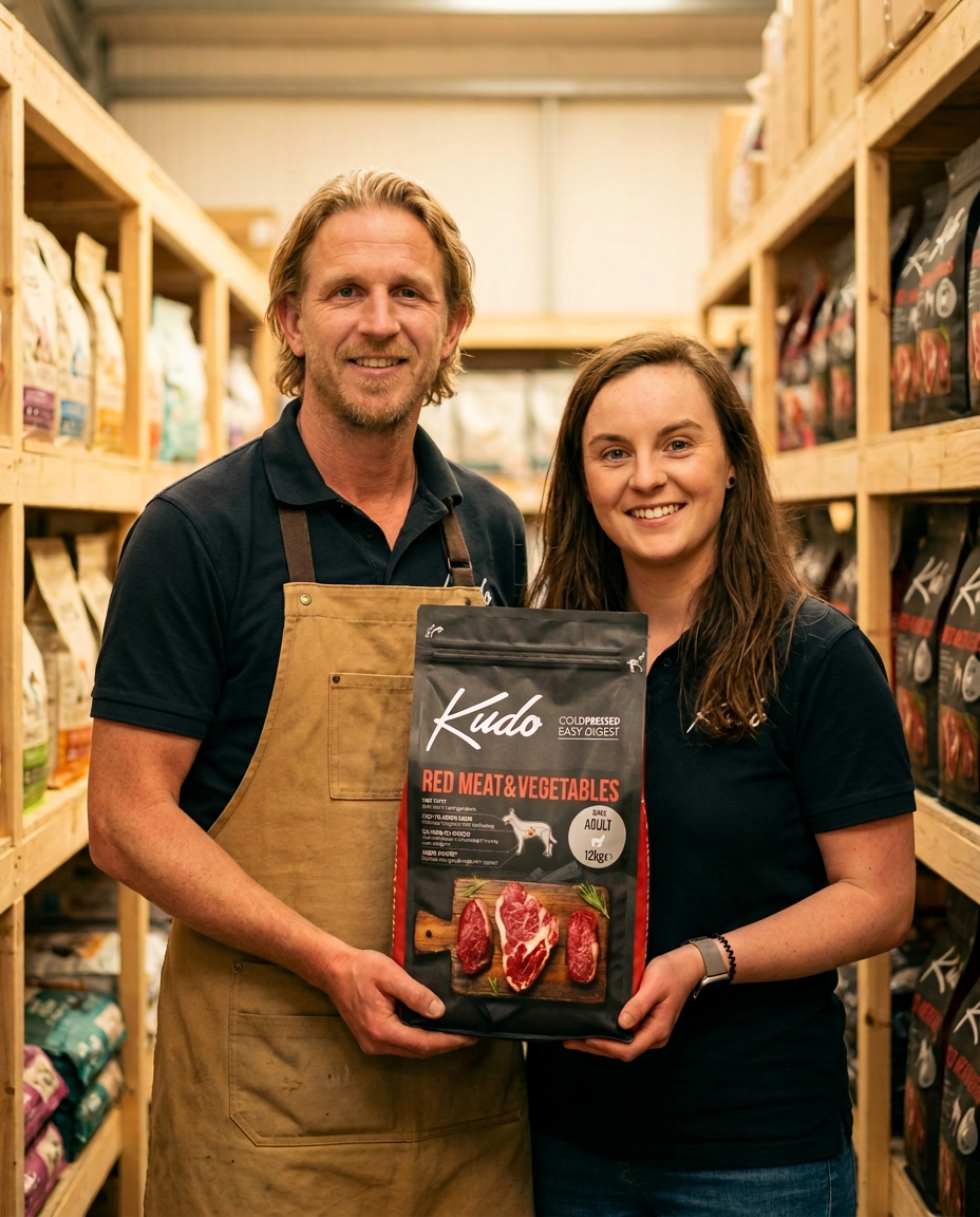 Nikita and Blaise from Fetch Trade holding a Kudo Cold Pressed bag in our warehouse